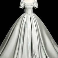 Gray Green Satin Long Prom Dress, A-Line Short Sleeve Party Dress - Thumbnail 5