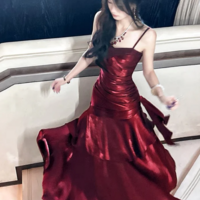 Modest Spaghetti Straps Mermaid Wine Red Long Prom Dresses - Thumbnail 1