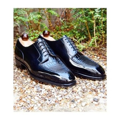 Handmade men black calf crocodile/alligator leather oxford dress shoes - Thumbnail 1