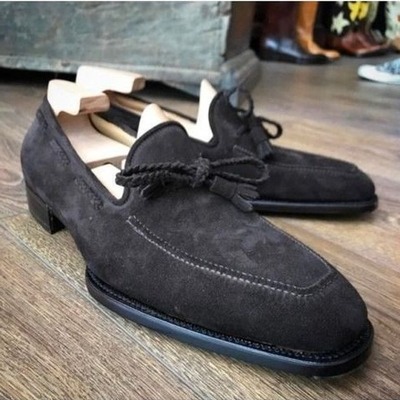 Handmade men genuine suede leather tassel loafers dress shoes - Thumbnail 3