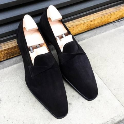 Handmade Men Black Suede Leather Moccasin Loafers Dress Shoes