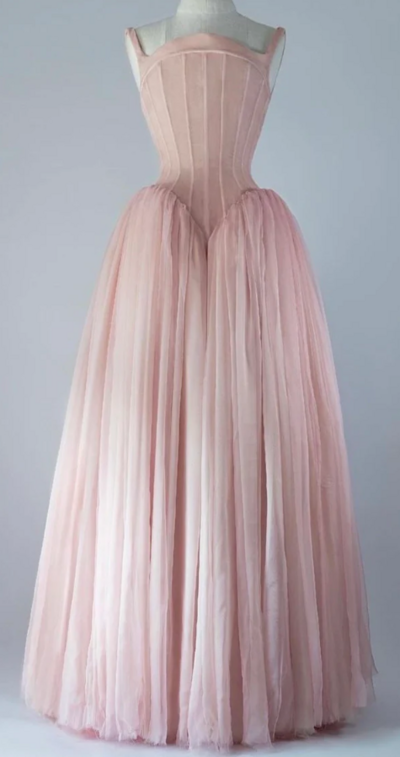 Vintage Straps Ball Gown Pink Tulle Long Prom Dresses