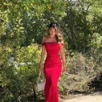 Vintage Off The Shoulder Sheath Red Satin Evening Dresses - Thumbnail 1