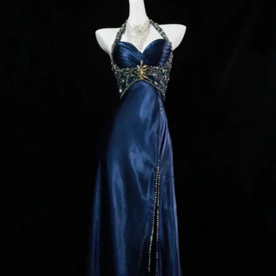 A line halter sleeveless pretty navy blue slit beads evening dresses
