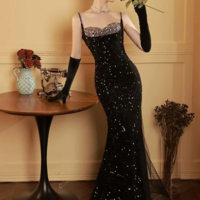 Modest Spaghetti Straps Black Sequin Long Prom Dresses - Thumbnail 2