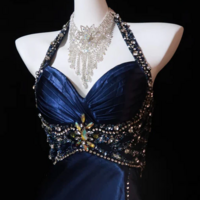 A Line Halter Sleeveless Pretty Navy Blue Slit Beads Evening Dresses - Thumbnail 1