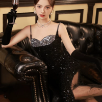 Modest Spaghetti Straps Black Sequin Long Prom Dresses - Thumbnail 3