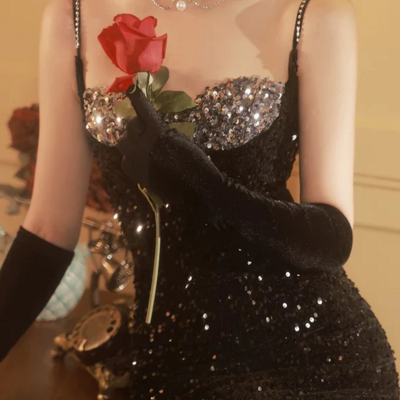 Modest spaghetti straps black sequin long prom dresses