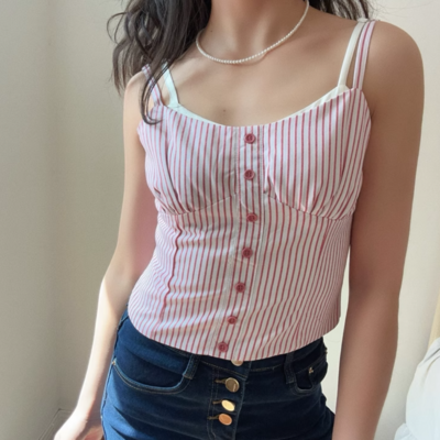 Retro striped camisole sexy slim fit fake two piece top