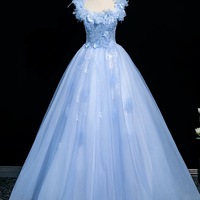 Blue Tulle Seqins Long Prom Dress, Beautiful A-Line Party Dress - Thumbnail 4