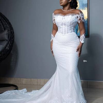Elegant mermaid  lace appliques african girls wedding dress bridal gowns wedding gowns