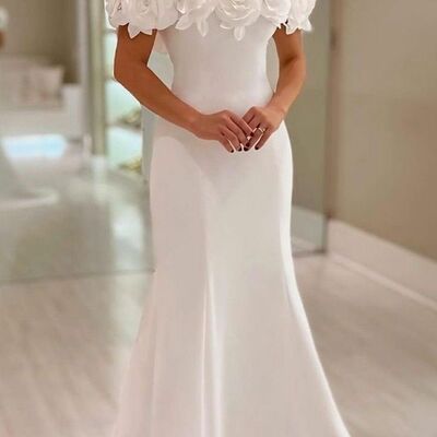 Simple sheath off the shoulder handmade flowers wedding dress bridal gowns