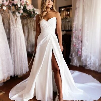 Simple a line side slit wedding dress bridal gown wedding gown