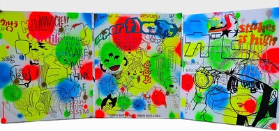 Triptych Painting by Judas Arrieta "BUBBLEGUM TOYS"  