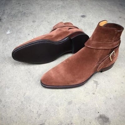 Handmade men brown suede leather ankle buckle dress boot