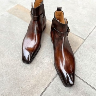 Handmade men brown patina leather jodhpur strap boot