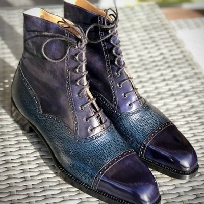 Handmade men blue patina grain leather ankle high dress boot