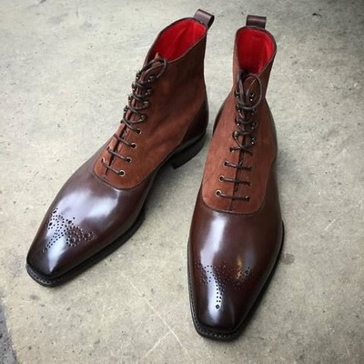 Handmade men brown patina suede leather ankle high lace up dress boot