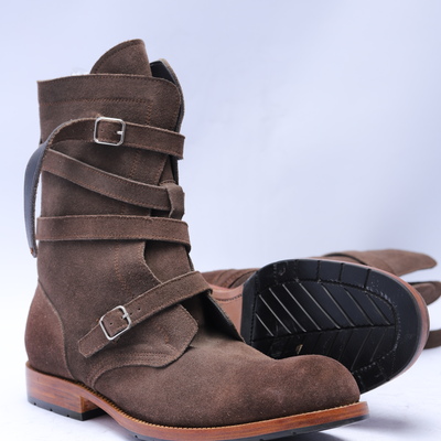 Handmade men brown suede leather long strap ankle high cowboy boot