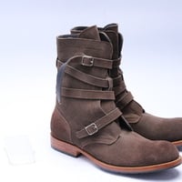 Handmade Men Brown Suede Leather Long Strap Ankle High Cowboy Boot - Thumbnail 1