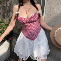 Retro casual plaid lace patchwork slim suspender dress - Thumbnail 3