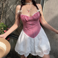 Retro casual plaid lace patchwork slim suspender dress - Thumbnail 4