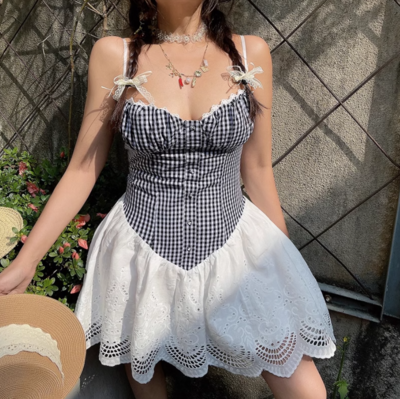 Retro casual plaid lace patchwork slim suspender dress