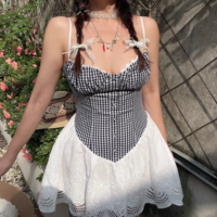 Retro casual plaid lace patchwork slim suspender dress - Thumbnail 3