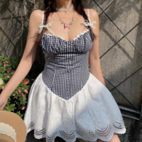 Retro casual plaid lace patchwork slim suspender dress - Thumbnail 4