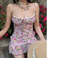 Drawstring bow tie floral print slim fit holiday suspender dress - Thumbnail 2