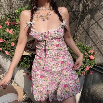 Drawstring bow tie floral print slim fit holiday suspender dress