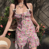 Drawstring bow tie floral print slim fit holiday suspender dress - Thumbnail 4