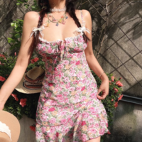 Drawstring bow tie floral print slim fit holiday suspender dress - Thumbnail 6