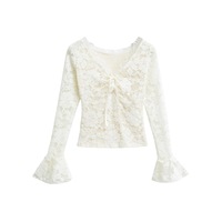 Solid color lace shirt with brushed lace inner long-sleeved lace-up bottoming shirt - Thumbnail 2