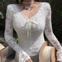 Solid color lace shirt with brushed lace inner long-sleeved lace-up bottoming shirt - Thumbnail 3