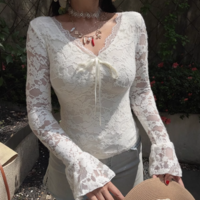 Solid color lace shirt with brushed lace inner long-sleeved lace-up bottoming shirt - Thumbnail 4