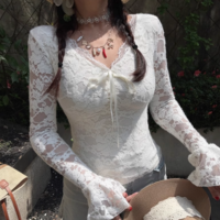 Solid color lace shirt with brushed lace inner long-sleeved lace-up bottoming shirt - Thumbnail 5