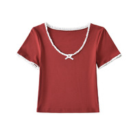 Contrast color lace sexy round neck collarbone exposed top T-shirt - Thumbnail 3
