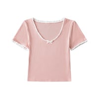 Contrast color lace sexy round neck collarbone exposed top T-shirt - Thumbnail 4