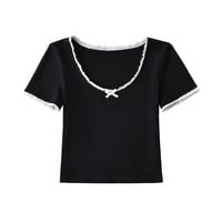 Contrast color lace sexy round neck collarbone exposed top T-shirt - Thumbnail 6