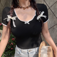 Contrast color lace sexy round neck collarbone exposed top T-shirt - Thumbnail 7