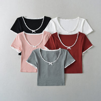 Contrast color lace sexy round neck collarbone exposed top T-shirt - Thumbnail 8