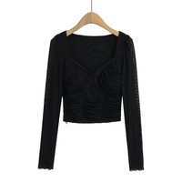 Sexy Slim Fit Lace Splicing Short Mesh T-shirt - Thumbnail 1