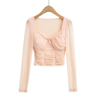 Sexy Slim Fit Lace Splicing Short Mesh T-shirt - Thumbnail 4