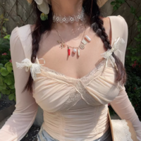 Sexy Slim Fit Lace Splicing Short Mesh T-shirt - Thumbnail 5