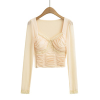 Sexy Slim Fit Lace Splicing Short Mesh T-shirt - Thumbnail 6