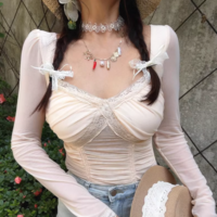 Sexy Slim Fit Lace Splicing Short Mesh T-shirt - Thumbnail 7