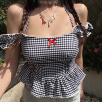 Sweet casual plaid lace girly style top small shirt - Thumbnail 1