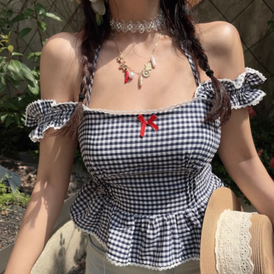 Sweet casual plaid lace girly style top small shirt