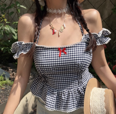 Sweet casual plaid lace girly style top small shirt